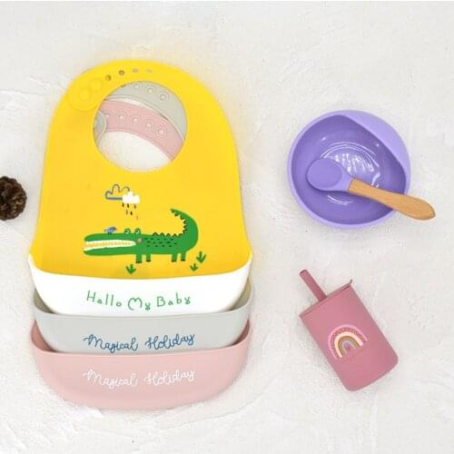 1Set Baby Silicone Feeding Tableware Food Grade Non-Slip Feedings Silicone Bowl Waterproof Bib Set BPA Free Silicone Dishes