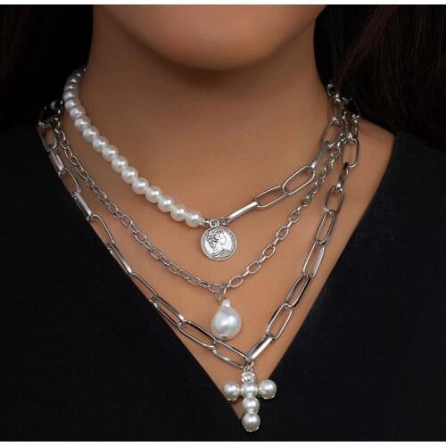 KMVEXO Multilayer Punk Irregular Pearl Cross Coin Pendant Necklaces Women Vintage Choker Statement Lock Chain Necklace Jewelry