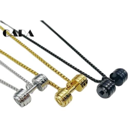 2019 new men fitness dumbell charm necklace gold color 70cm chain 316L stainless steel hip hop necklace jewelry pendant CAGF0221