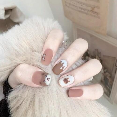 24pcs Cartoon Bear Nail Patch Square Head Glue Type Removable Short Paragraph Fashion Manicure False Nail Patch Fake Nails