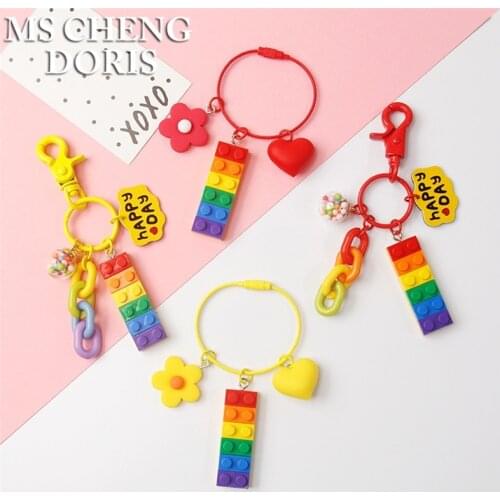 Dropship Gummy Rainbow Blocks LGBT Keychain Flatback Resin Pendant Charms Heart Flower Resin Keyring Bag Car Key Chains