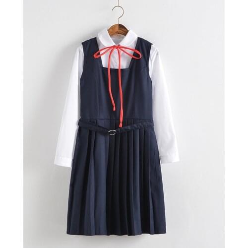 School Dresses For Girls White Long-sleeved Top White Shirt With Tie Navy Blue Vest Pleated Dress Short Skirt Anime Form Costume