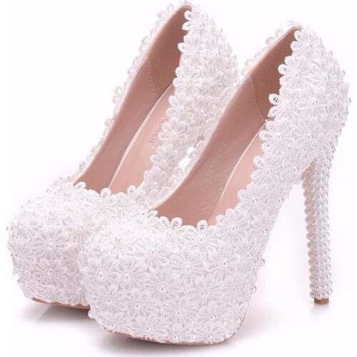 Crystal Queen White Flower Women Lace Wedding Shoes 14cm Thin heel Platform Woman High Heels Pumps Ladies Party Shoes