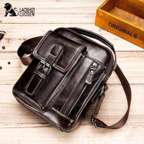 Vintage Genuine Leather man Shoulder Bags cow leather mini Messenger bag for male belt buckle mens Tote bag Casual handbag