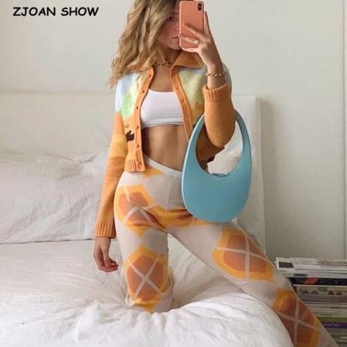 Vintage French Geometric Plaid Knitting Flare Pants High Waist Package Hips Amber Pattern Long Trousers