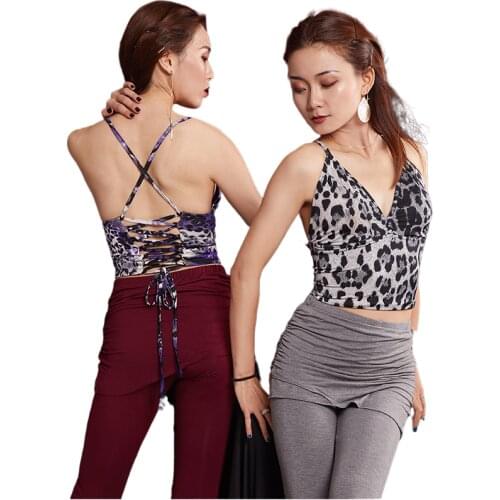 WomenS Latin Dance Tops Female Adult Milk SilkSamba Dancing Practice Performance Tops Wear Leopard PrintBuilt-in Bra cups
