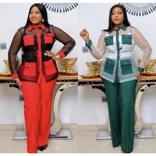 Women 2 Pieces Set Transparent Blouses Vest Pants Waist Belt Button up Pockets Elegant Two Pieces Suit Office Ladies Work Wear