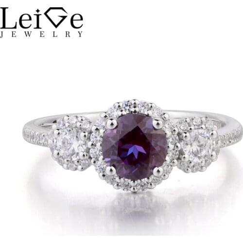 Leige Jewelry Lab Alexandrite Ring Wedding Ring Round Cut Gemstone 925 Sterling Silver Ring Three Stone Rings June Birthstone