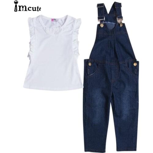Vest Jeans Girl Summer Clothes Set Dungarees Vest Tops White Overalls Denim Sleeveless Outfits Children Clothes Fall
