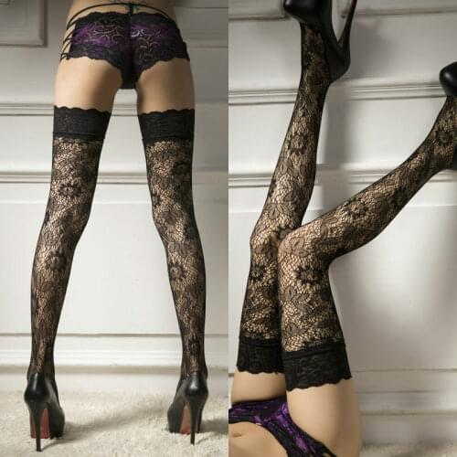 1Pair Women Sexy Black Hollow Out Lace Floral Print Fishnet Thigh High Stockings Elastic Sexy Lingerie