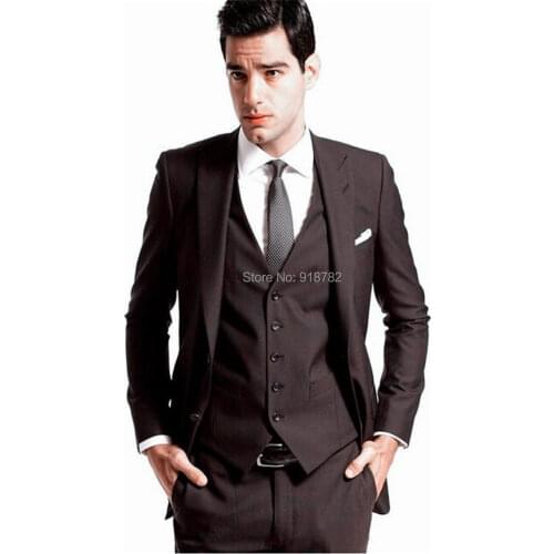 2016 Custom Made Mens' Wedding Tuxedos Groom Dark Brown Wedding Suits 3 Pieces Groomsman ( jacket+Pants+vest+tie)