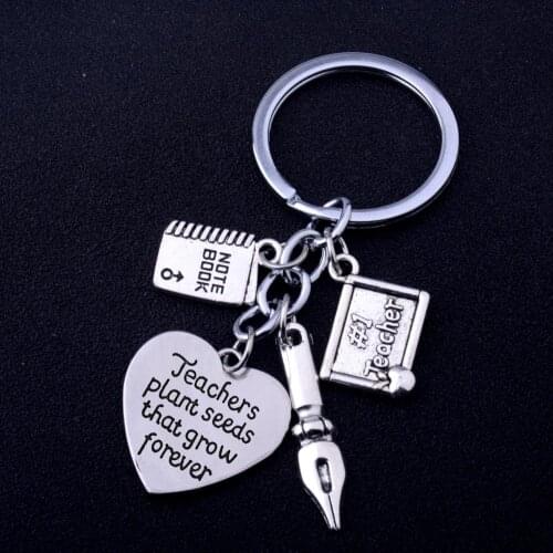 36PC Engraved Words Teachers Plant Seeds That Grow Forever Keyrings Teacher Pen Notebook Pendant Keychains Teachers Jewelry Gift