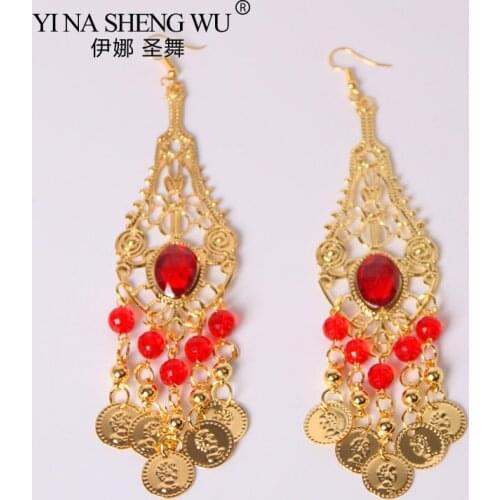 Belly Dance Indian Bollywood Jewelry Accessories 1 Pair Gold color Earrings With Rhinestones Bells Belly Dance Accessories Gift