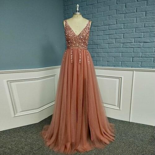 Noble Bride V Neck Slit Beaded Bodice Women Girls Formal Long Gown Evening Dress