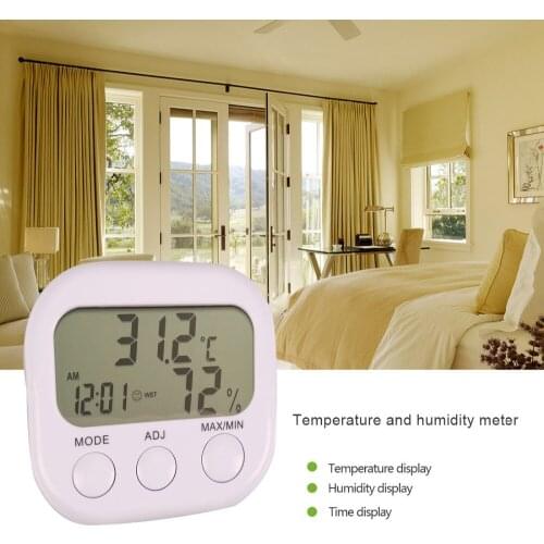 200pcs LCD Digital HOT Hygrometer Meter Gauge White Temperature Humidity With Clock Weather Station