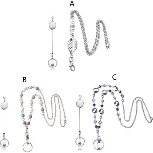 Women Retractable Badge Reel Lanyard with ID Card Holder Necklace Name Badge Holder Lanyard Stainless Steel Beaded Chain