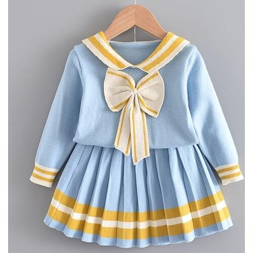 DFXD Preppy Style Toddler Girls Clothing Sets Long Sleeve Big Bow Knit Sweaters+Skirts Suit Set 2PC Outfits New Children Costume