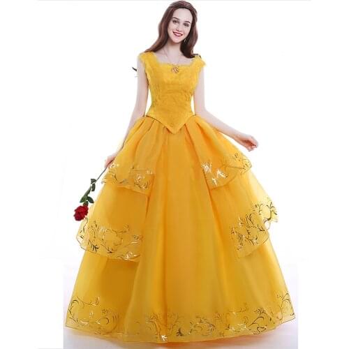 Moive Beauty And Beast Belle Cosplay Costume Adult Bella Princess Yellow Dress Women Girls Halloween Party Dresses Top Quality