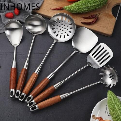 7pcs Rosewood Handle Stainless Steel Wok Spatula Slotted Shovel Turner Rice Spoon Serving Utensil Set Kitchen Cooking Tools