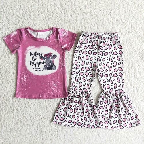 Cute Heifer Top And Beller Pants 2Pieces Set For Kids Short Sleeve Girl Fashion Leopard Outfit With Letters Design