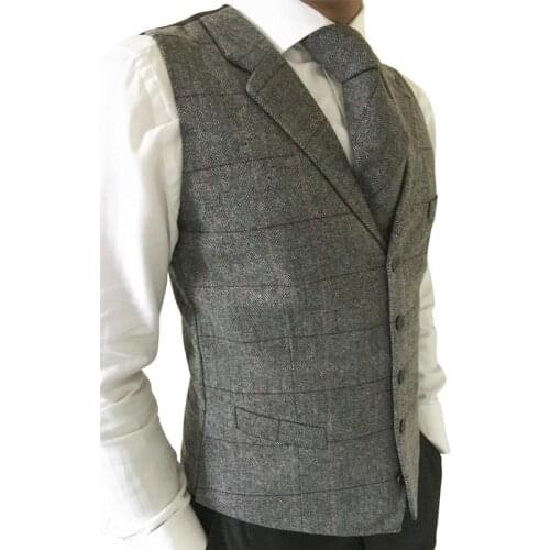 Mens Grey Vest Lapel Plaid Striped Wool Blended Herringbone Satin Vest For Daily Casual Male Waistcoat Clothing (No Tie)