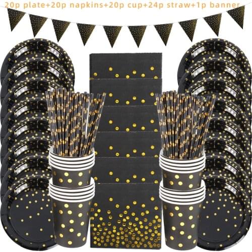 Party Disposable Tableware set Supplies for Party Decorations Kids Adult black rose gold Paper Plate Cup Tablecloths supplies