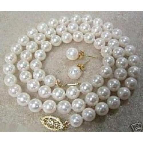 Natural Jewelry 8-9mm White Akoya Sea Shell Pearl Necklace Earring AAA+ GP Hook Jewelry Sets