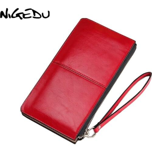 NIGEDU brand Oil wax leather Women clutch wallet Long zipper wallets female candy color purse lady Multi-function phone bag
