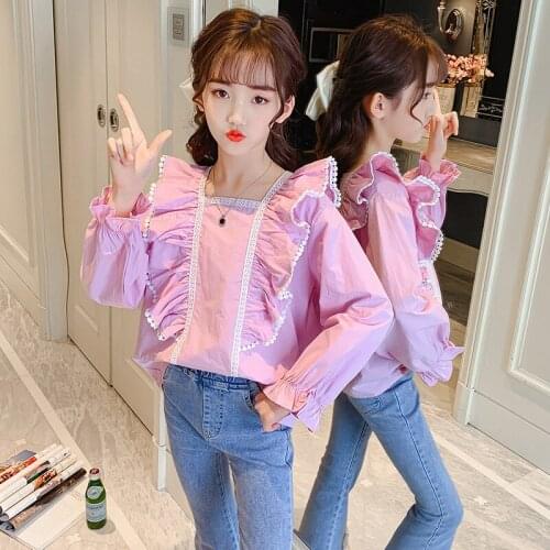 2021 Spring and Autumn Girls' Inch Shirt New Korean Style Western Lace Collar Childrens Fashion Retro Solid Color Long Sleeve T