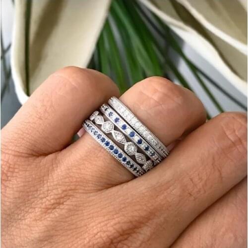 New engagment band 4 pcs stack stacking ring sets micro pave full white blue cz eternity stack ring 925 silver