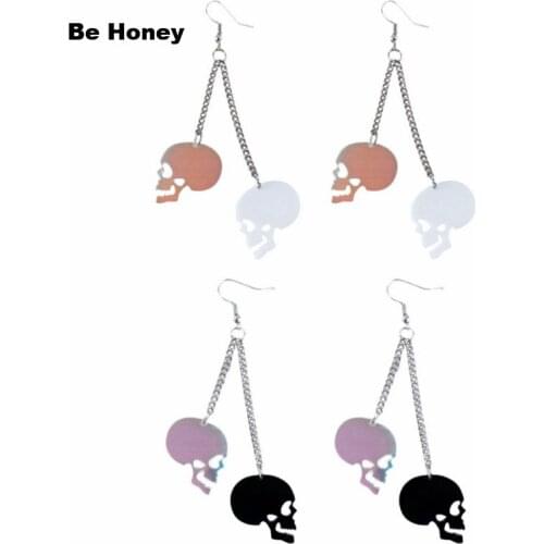 New Arrivals Black And White Skull With Iridescent Skeleton Pendants Acrylic Drop Earrings For Women Punk Style Chain Jewelry