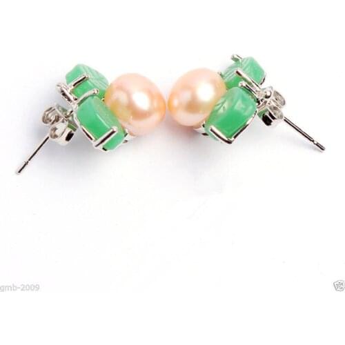 New Natural 8-8.5mm Pink freshwater Pearl Green Stone Silver Color Stud Earrings
