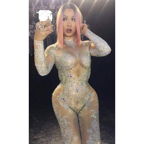 New sexy sparkling crystals fashion mesh singer costume full rhinestone jumpsuit woman Dj Diamonds gogo dancer clothing