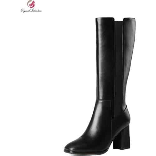 Original Intentention Fashion Women Mid-Calf Boots Fashion Square Toe Square Heels Boots Nice Black Shoes Woman US Size 3-10.5