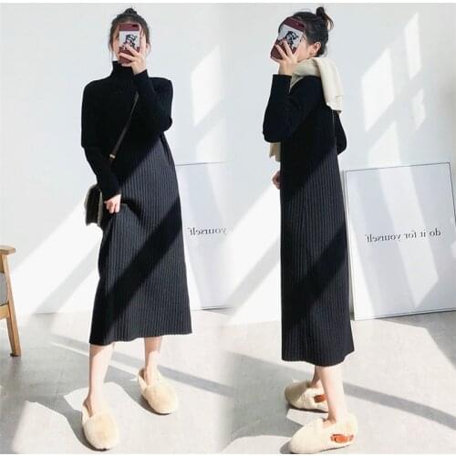 Autumn And Winter Womens Sweater Dress 2021 Fashion Half High Collar Mid-Length Over The Knee Slim Hedging Straight