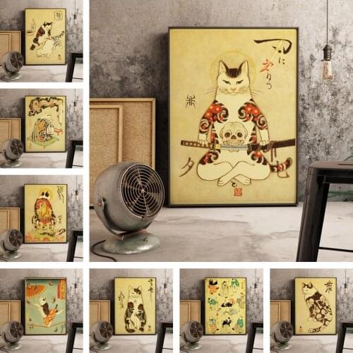 Japanese style floating samurai cat retro style home wall self-adhesive paint decorative poster oil painting decorative painting