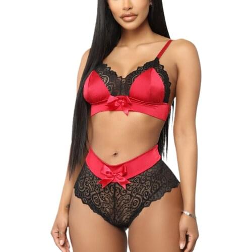 See-Through Floral Summer Bowknot Sling Bra Sexy Briefs 2021 New Women Lace Patchwork Exotic Sets Nightwear Sleepwear Lingerie