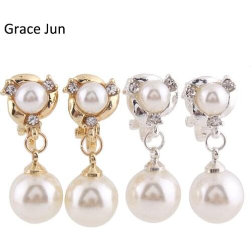 Grace Jun Korea Style 2 Color Flower ShapeClip on Earrings Non Piercing for Women Party Charm Simulated Pearl No Hole Ear Clip