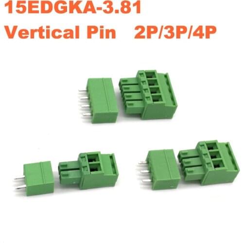 30/50/100sets Pitch 3.81mm Vertical Pin 2P 3P 4P Screw Plug-in PCB Terminal Block Pluggable Connector male/female 15EDGKA+VC