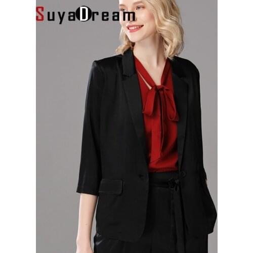 SuyaDream Silk Blazer Silk Satin Woman 3/4 Sleeves Single Button Solid Office Chic Blazers 2020 Fall Winter Elegant Blazer Set