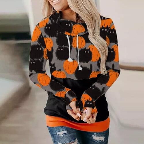 Womens Halloween Funny Print Long Sleeved Hooded Harajuku Sweatshirt Casual Autumn Winter Streetwear Daily Pumpkin Pullover G3