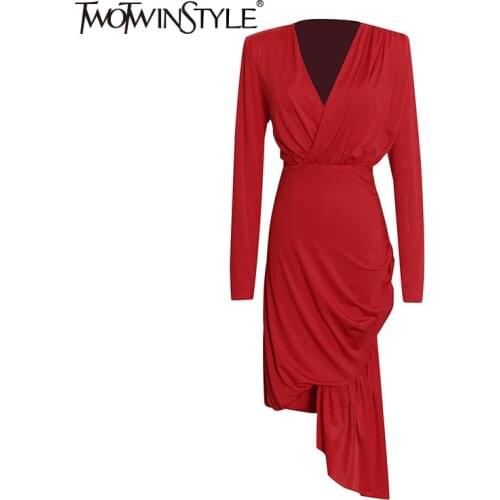 TWOTWINSTYLE Party Sheath Dress For Women High Waist V Neck Long Sleeve Asymmetrical Hem Mid Dresses Female 2021 Autumn Clothing