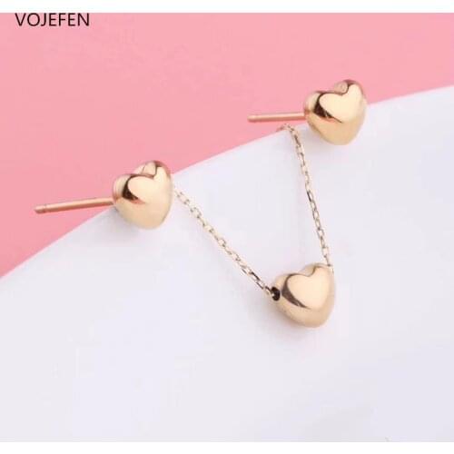VOJEFEN AU750 18k Yellow Gold Hearts Stud Earrings And Heart Necklace Jewellry Sets Love Fine Jewelry For Women For Her