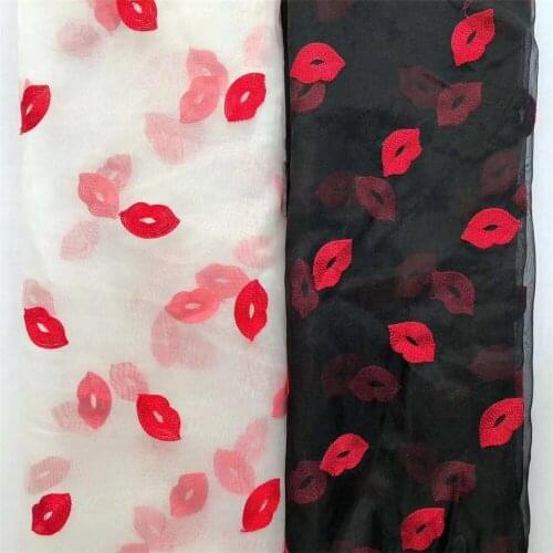 High-end fashion red lip African Lace Fabric 1 Yard High Quality French Tulle Embroidered sexy lip net Lace Fabric For Weddings
