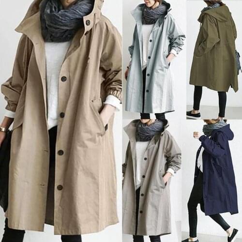 Women Autumn Solid Color Pocket Hooded Windbreaker Long Trench Coat Outerwear