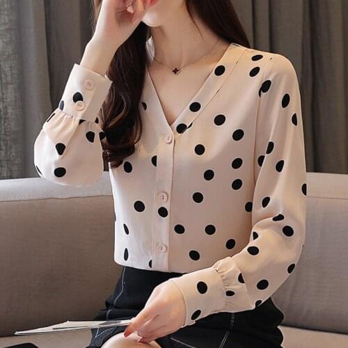 Women Tops V-neck Point Chiffon Blouse Shirts Female Blouse Female Autumn 2021 Spring New Long Sleeve Dot Chiffon Blouses 937F