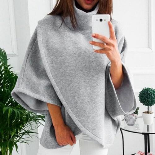 Winter Warm Women Cloak Cape Turtle Neck Batwing Sleeve Jumper Poncho Lady Elegant Irregular Solid Coats Loose Casual Overcoat