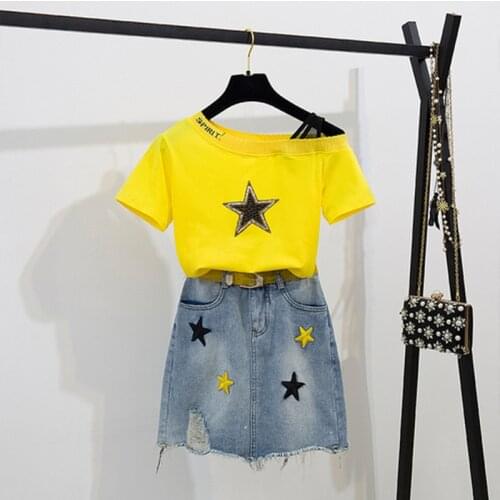 New 2019 Summer Short sleeves Five-Pointed Star Skirt T-shirt 2 Piece Set Women Denim Short Skirts Plus Size 2Pcs Set