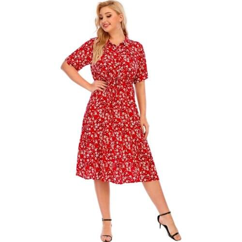 Dress Plus Size Short-Sleeved A-Line Skirt Printed High-Waisted Stand-Up Collar Single-Breasted Elegant Beach Vacation