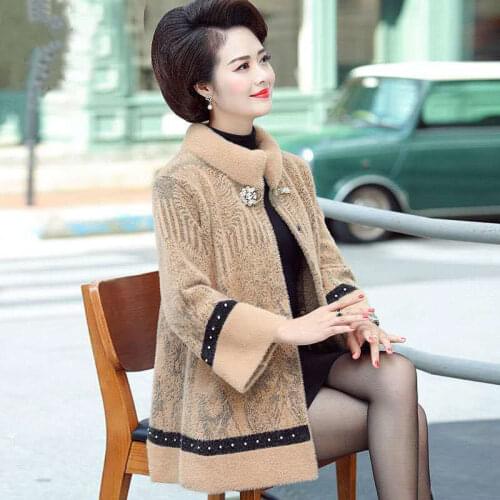 Middle Aged Women Stand Collar Faux Mink Fur Overcoat Female Fashion Knitted Sweater Cardigan Ladies Patchwork Outwear X501